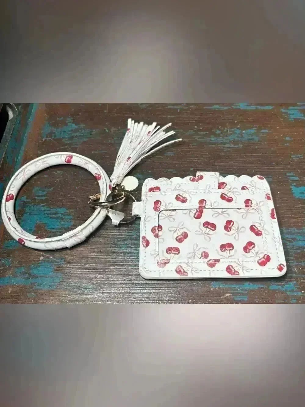 New Cherry Print Card Holder with Tassel - White and Red